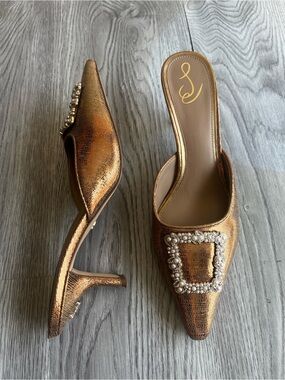 Sam Edelman Copper Metallic Pointed Pearl-Buckle Mules